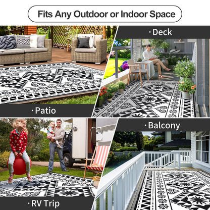 Waterproof Outdoor Rug 8x10ft, Reversible Plastic Straw Mat Rugs for Patio RV Deck Porch Backyard Balcony Camping Picnic Beach Indoor Outdoor Carpet, Black&White