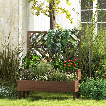 LDAILY Raised Garden Bed with Trellis & 2 Planter Boxes, 2-Tier Wooden Raised Bed with Bottom, Elevated Legs & 10 Drainage Holes, Gardening Planter Box for Flowers/Vegetables/Fruits in Backyard Patio
