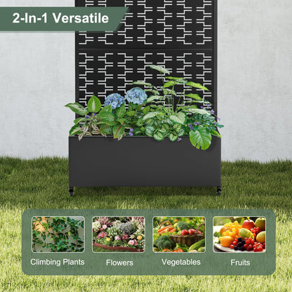 PolarcoForgeco Planter Box with Trellis and Wheels, Metal Privacy Screen with Garden Beds Outdoor for Climbing Plants, Standing Planter Boxes with Drainage Holes (35" L×16" W×71" H, Black Rectangle)
