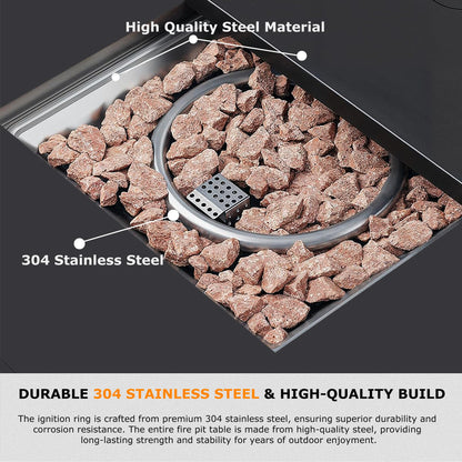 28'' Propane Fire Pit Table, 50,000 BTU Steel Gas Firepit for Outdoor Patio Deck and Garden, CSA Certified Fire Pit with Lid, Waterproof Cover, Glass Wind Guard and Lava Rock, Black