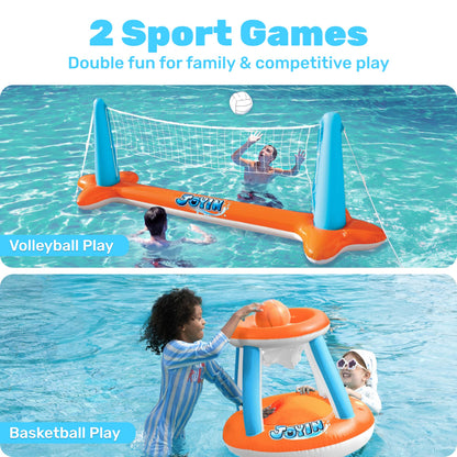 JOYIN Inflatable Pool Float Set Volleyball Net & Basketball Hoops, Floating Swimming Game Toy for Kids and Adults, Summer Floaties, Volleyball Court (105”x28”x38”)|Basketball (27.6”x23”),L-Orange