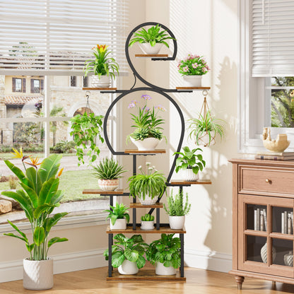 POZILAN Plant Stand Indoor with Grow Lights, 63'' Tall Indoor Plant Shelf, 9 Tiered Lighted Plant Stands for Living Room, Metal & Wood Corner Large Flower Holder for Alcony, Patio & Home, Black