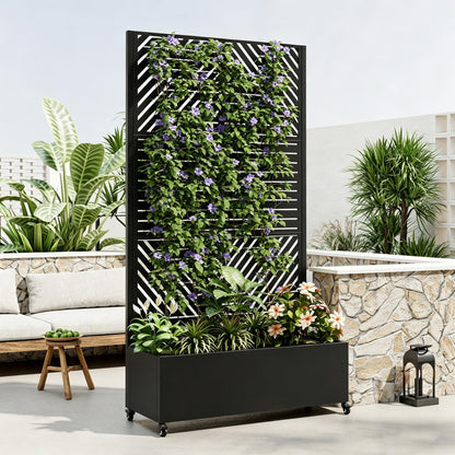 73.21" H×35.43”W Metal Planter Box with Trellis & Wheels, Outdoor Privacy Planters for Patio, Mobile Raised Garden Bed with Trellis for Climbing Plants, Balcony & Backyard (Black 3)