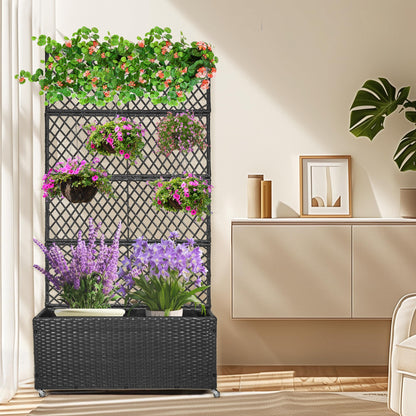 GENMOUS 72in/5.9ft Metal Raised Garden Bed with Trellis, Planter Box Trellis with Wheels for Vine Climbing Plants, Trellis with Drainage Holes for Flowers, Vegetables in Garden, Patio, Balcony （Black）