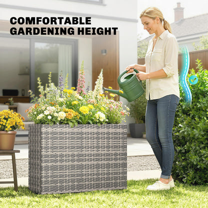 Outsunny Tall Rectangular Planter with Removable Liner, PE Wicker Large Planters for Outdoor Plants, Freestanding Indoor Outdoor Planter Box with Drainage Holes for Flowers, Vegetables, Gray