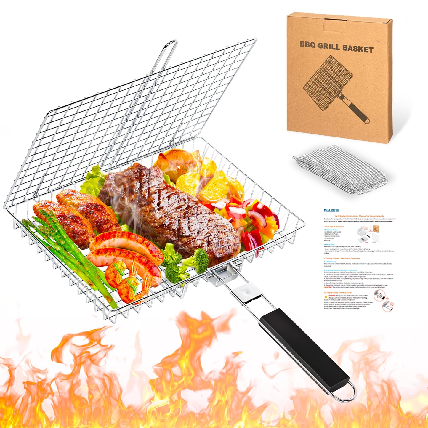 Grill Baskets for Outdoor Grill|Stainless Steel Large Grilling Basket with Removable Wooden Handle|Fish Grilling Basket Grilling for Meat,Steak,Vegetables & Seafood| Grilling Gifts for Dad/Men,Perfect Grilling Accessories