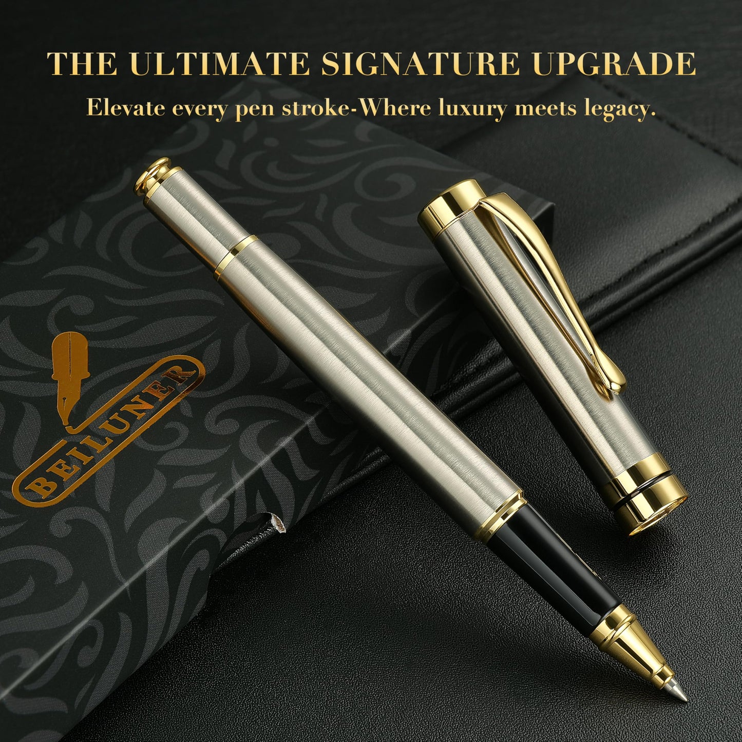 BEILUNER Ballpoint Pens, Stunning Silver Chrome Metal Pen with Golden Trim, Best Ball Pen Gift Set for Men & Women, Professional, Executive, Office, Nice Pens-Gift Box with 0.5mm Extra Black Refill