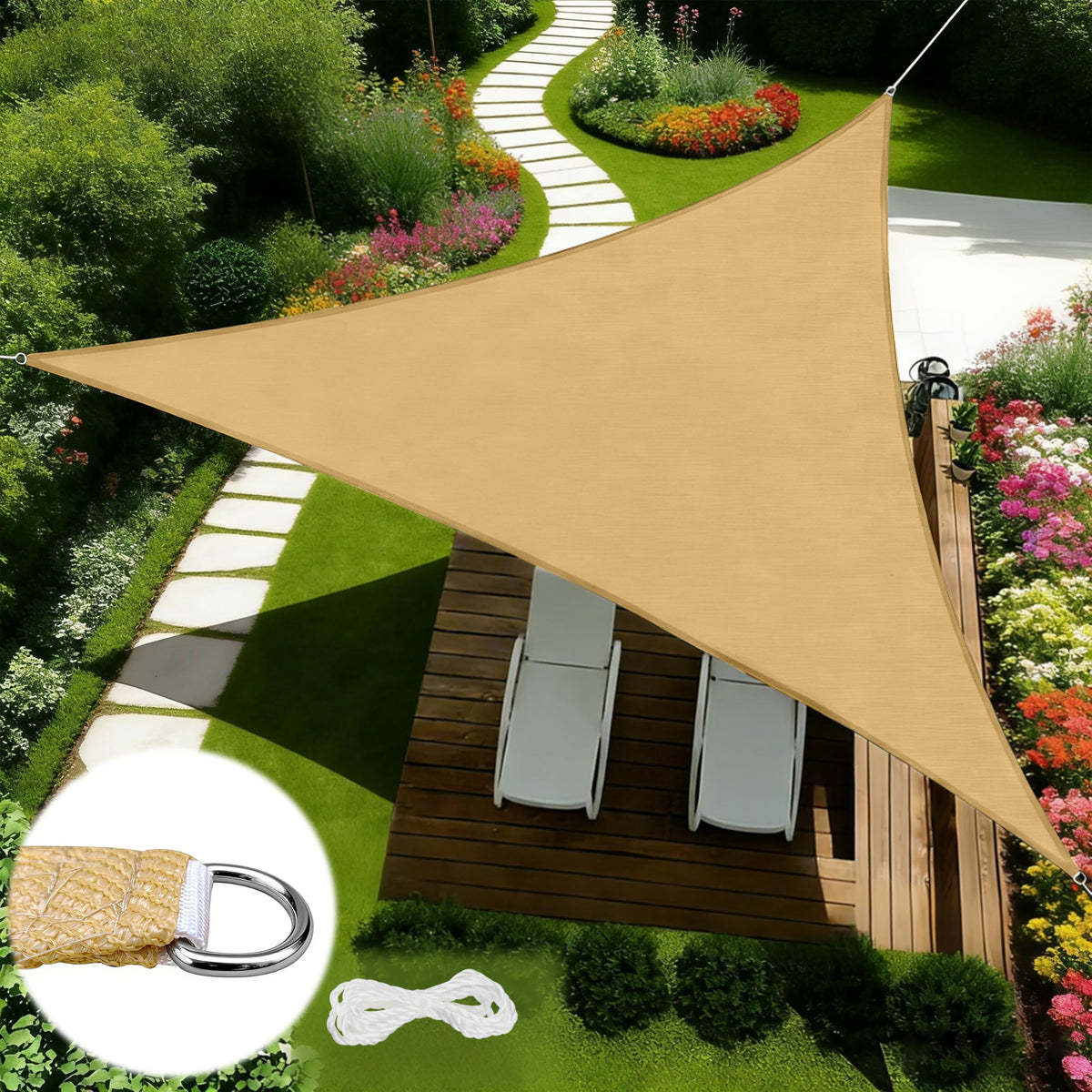 12'x12'x12' Triangle Sun Shade Sail, UV Block Breathable Awnings with Wear Tear Fade Resistant Ropes, Durable Sunshades for Outdoor Patio, Garden, Deck, Yard (Sand)