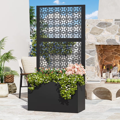 Modern Shade Metal Planter Box with Trellis Privacy Screen, 6x3 FT Large Raised Garden Bed, Multi-Functional Privacy Screen Outdoor with Drainage Holes for Climbing Plants, Petal Weave