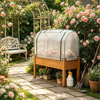 NOXJUQU Raised Garden Bed with Retractable Cover & Small Greenhouse, Elevated Wood Planter Box for Herbs Vegetables Flowers, Suitable for Patio Backyard Balcony Gardening