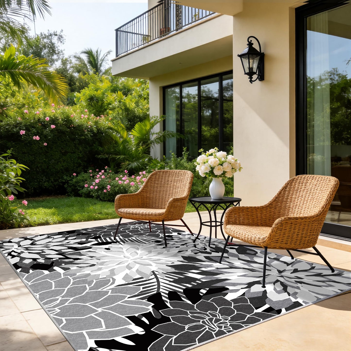 ZonLi Outdoor Rug 8x10Ft Waterproof Multicolored Black White Indoor Area Rug Washable Outdoor Patio Rugs Tropical Floral Non Slip Outdoor Carpet for Living Room, Pool,Backyard,Deck,Camping.