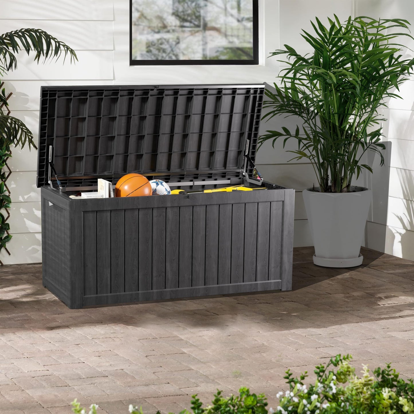 PATIOEASY Outdoor Storage Box 275GAL Waterproof Resin Deck Box,Pool Accessories Supplies，UV-Resistant Lockable Package Delivery Bin for Garden Tools,Large Patio Outside Cushions,Chest,Furniture,Black
