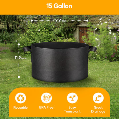 Simple Deluxe Grow Bags 15 Gallon 5 Pack Planter Pots with Handles, Thickened Nonwoven Fabric Aeration Cloth Bag, Heavy Duty Gardening for Tomoato, Potato, Vegetable and Flowers, Black with 5 Labels