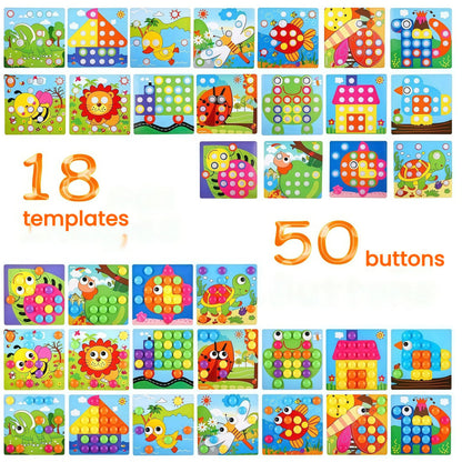 TINOTEEN Button Art Toy for Toddlers,Toddler Activities Crafts Color Matching Early Learning Educational Mosaic Pegboard 50 Buttons and 18 Pictures