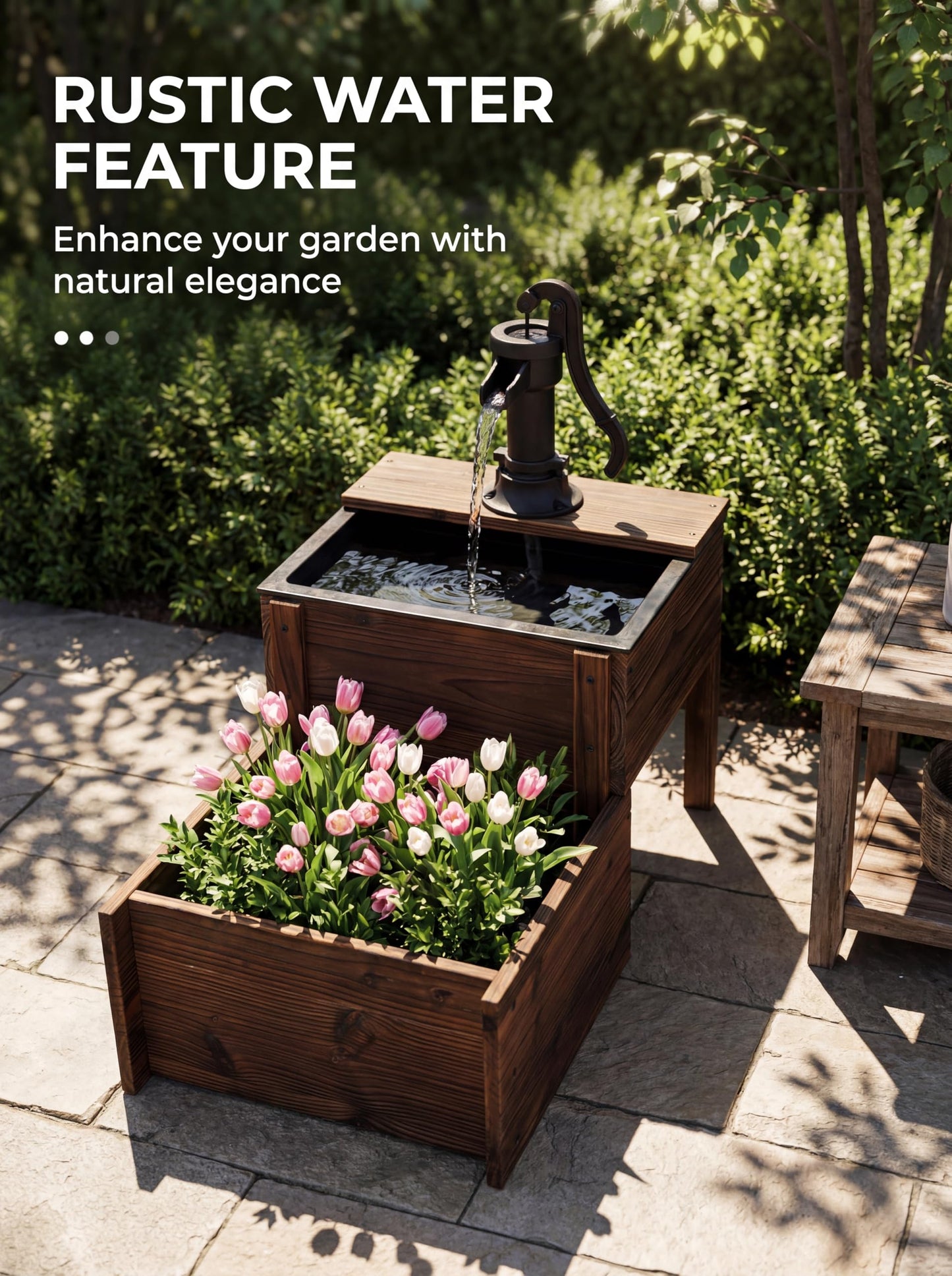 Borsynium,Outdoor Water Fountain，Floor Wooden Rectangular Double-Layer Old-Fashioned Pump Fountain with Flower Box，Plug-in Electric Decorative Hand Pump,Outdoor Water Feature for Garden Patio Backyard