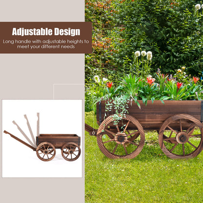 Tangkula Wooden Wagon Planter Box, Decorative Garden Planter w/Wheels, Handle, Drain Hole, Rustic Wooden Flower Cart for Indoor & Outdoor Decor for Patio, Garden, Balcony (29.5" L x 17" W x 21" H)