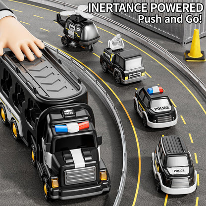 JUKUDAHU Police Truck Toy for 3 4 5 6 Years Old Boys - Carrier Vehicle Toy Set with 3 Small Cars and 1 Helicopter, Kids Firction Powered Car for Age 3-9, Gifts for Boys and Girls