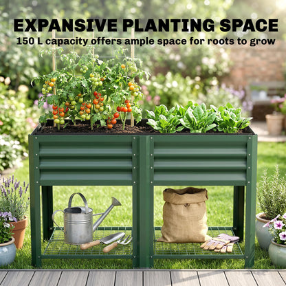 Outsunny Galvanized Steel Raised Garden Bed with Storage Shelf and Bed Liner, Elevated Planter Box with Legs for Flowers, Vegetables, and Herbs, for Outdoor Patio Yard, Glove Included, Green