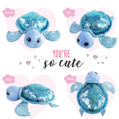Athoinsu Reversible Sequins Stuffed Animal Sea Turtle Sparkly Soft Plush Toy Ocean Life Tortoise Throw Pillow Birthday Valentine's Day Plushie Gifts for Toddler Kids Boys and Girls, 12'' (Blue)