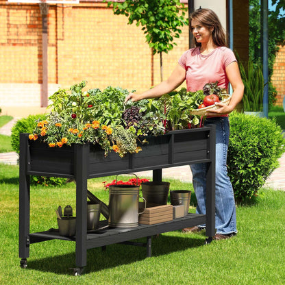 DWVO 47x18x31in Raised Garden Bed Outdoor HDPE with Legs and Lockable Wheels, Weather-Resistant Poly-Wood Elevated Planter Box, Double Tier Planters for Backyard Patio Balcony, Black