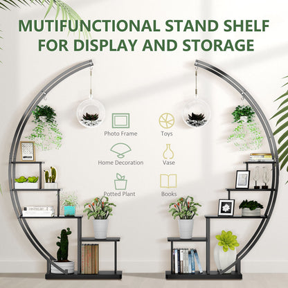 5 Tier Metal Plant Stand Indoor, 67.25“ Tall Half Moon Shape Multiple Stand Holder Shelf Planter Display, Hanging Shelf Flower Stand Ladder for Patio Garden Living Room, Black Set of 2