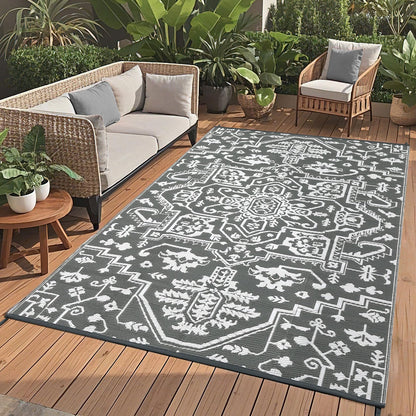 Jojoka Waterproof Reversible Outdoor Rug, Durable Plastic Straw Medallion Mat, UV-Resistant Easy Clean All-Weather Carpet for Patio, Backyard, Porch, Deck, Camping & RV