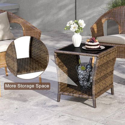 Elepude Outdoor Wicker Side Table Rattan Side Tables End Table for Patio with Glass Top Rattan Storage for Patio Garden Balcony
