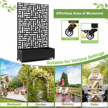 FENCY Metal Raised Garden Bed with Wheels and Trellis,73"x47"x16" Planter Box for Climbing Plants, Vegetables & Vines, Features Privacy Screen and Drainage Holes (Black-Geometric Lattice)