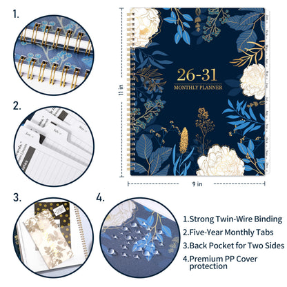 2026-2031 Monthly Planner - 5 Year Planner/Calendar 2026-2031, 11" x 9", 2026 Calendar Planner, Jul 2026 - Jun 2031, Tabs, Back Pocket, Holidays, Twin-Wire Binding, Note Pages