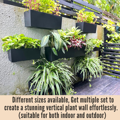 LaLaGreen Wall Planters for Outdoor (14 Inch, 4 Pack) Black Self Watering System Hanging Planter Box Flower Pot, Rectangular Wall Mount Indoor Vertical Living Garden Decoration Window Sill Herb Trendy