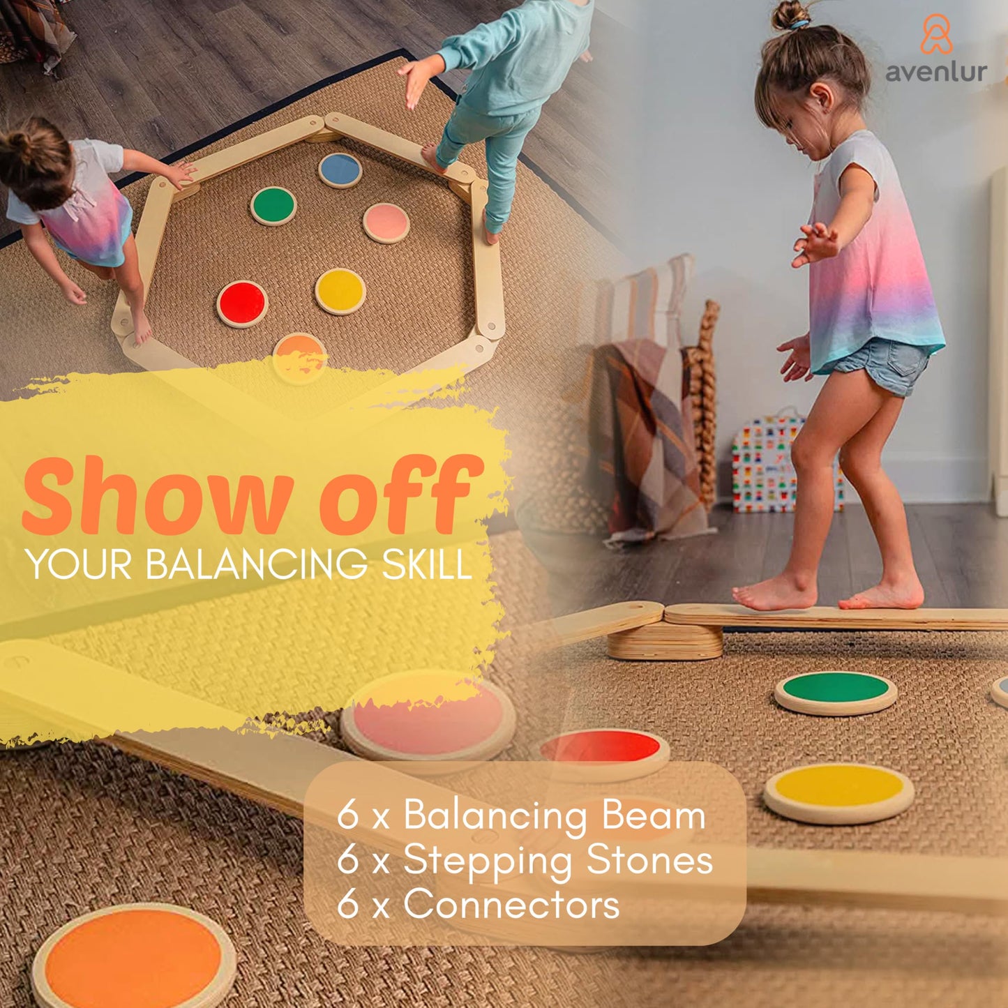 Avenlur Majesty Balance Beam for Kids - Toddler Stepping Stones and Connectors - Waldorf and Montessori Balance Board for Kids Ages 2 to 8 Years Old - Gymnastic Baby Obstacle Course