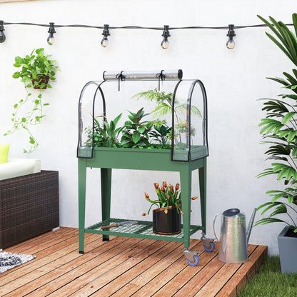 Outsunny Raised Garden Bed with Greenhouse Cover, Large Metal Outdoor Elevated Planter Box with Lockable Wheels, Storage Shelf and Drainage Hole for Vegetables, Flowers, Herbs, Green