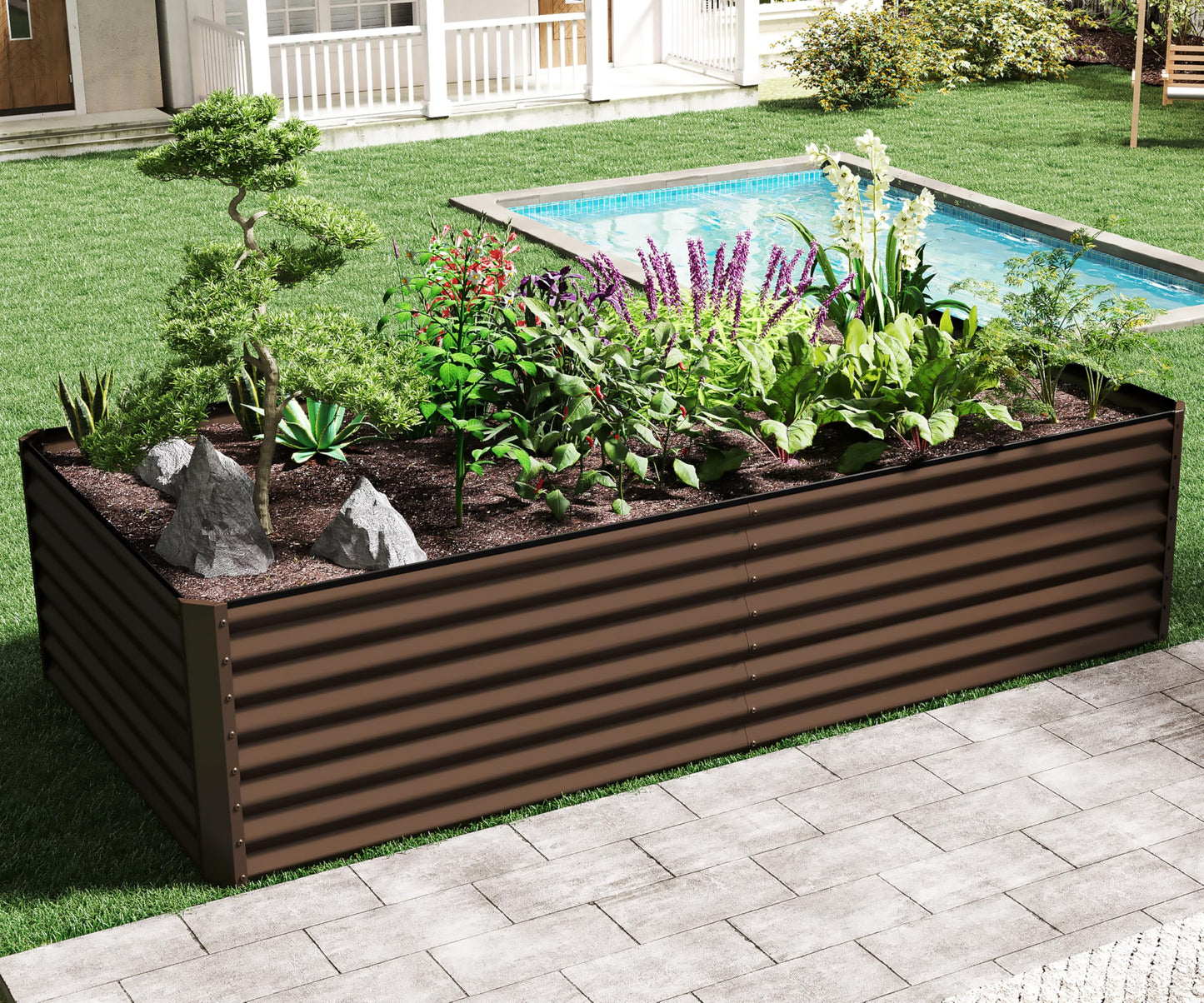 Domi 8×4×2 ft Galvanized Raised Garden Bed, Outdoor Planter Garden Boxes Large Metal Planter Box for Gardening Vegetables Fruits Flowers, Brown