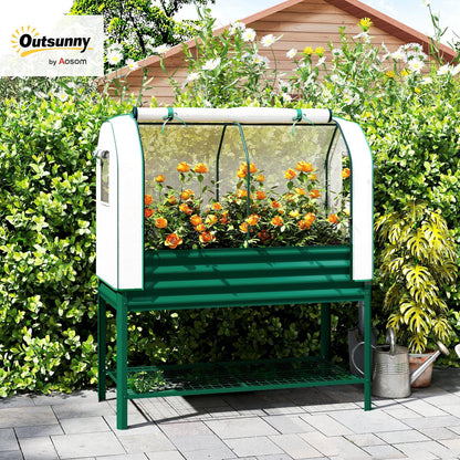 Outsunny Galvanised Raised Garden Bed with Greenhouse Cover, Metal Elevated Garden Bed with Legs, Bed Liner and Bottom Shelf, Outdoor Raised Planter Box for Vegetables, Herbs, Flowers, Green