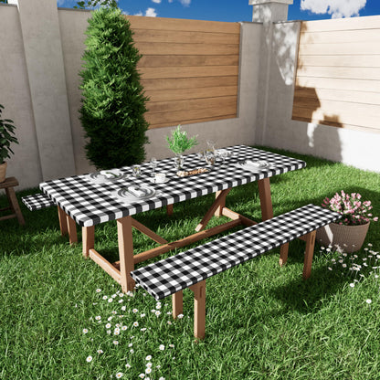 Smiry Picnic Table Cover with Bench Covers, Waterproof Elastic Fitted Tablecloths for 6 Foot Rectangle Tables, Washable Buffalo Plaid Tablecloth for Camping, Outdoor (Black & White, 30"x72")