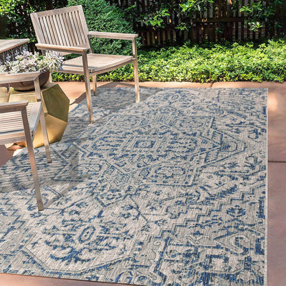 JONATHAN Y Boho Medallion Indoor Outdoor Area Rug 5X8 Navy/Gray, Estrella Textured Weave for Backyard, Patio, Porch, Easy-Cleaning, High Traffic, Pet-Friendly, Non-Shedding (SMB105B-5)