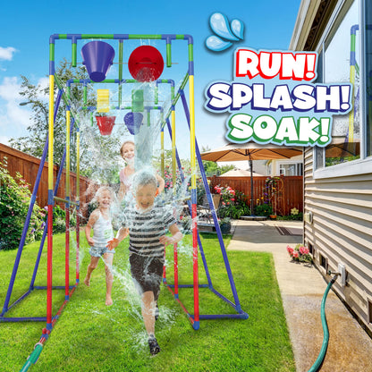 PUDDLE SPLASHERS Outdoor Water Play for Kids, Backyard Waterpark Sprinkler Summer Toy, Fun Outside Play Structure for Kids with Sprinkler, Water Buckets and Splash Wheels, Family Backyard Waterpark