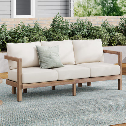 Merax 3 Seater Outdoor Acacia Wood Patio Sofa with Cushions for Porch, Garden, Backyard, Balcony, Brown wash, Beige Cushion