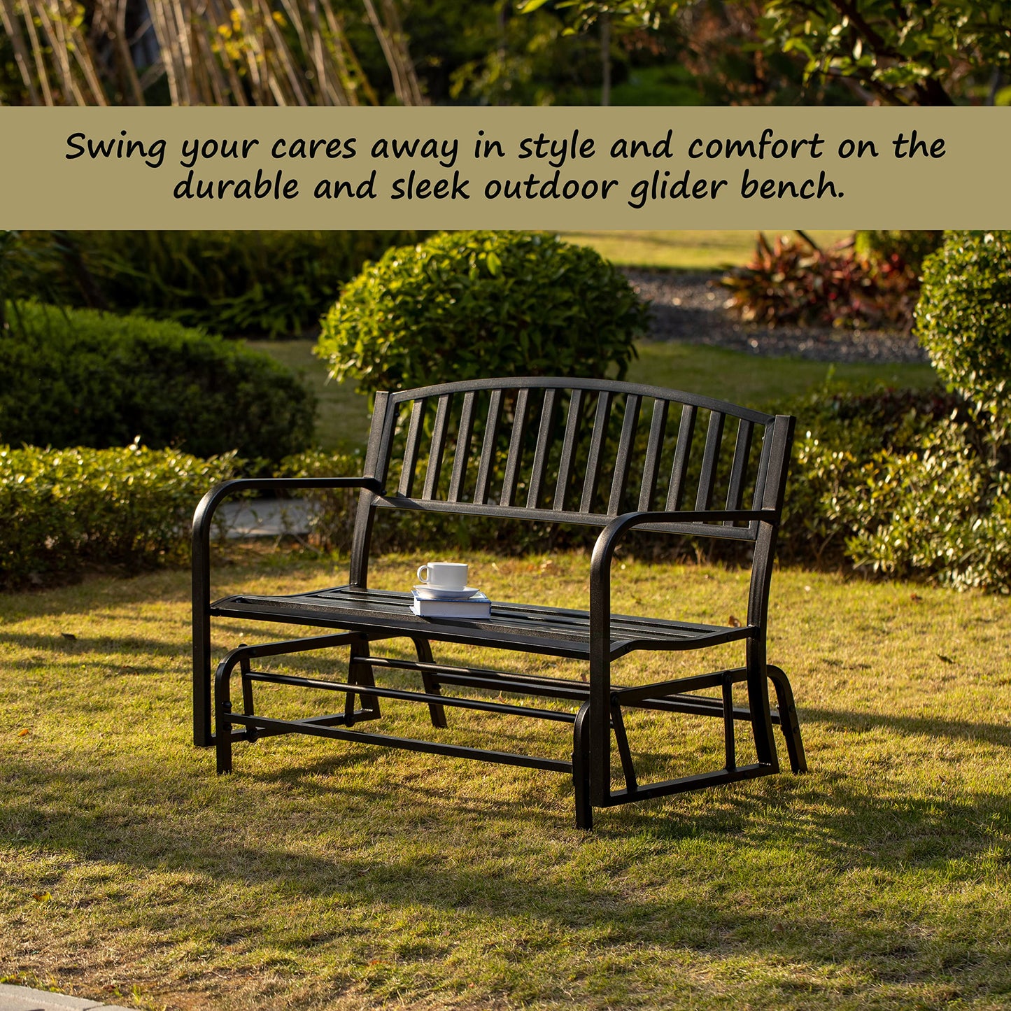 Gardenised QI003392 Outdoor Black Steel Swing, Powder Coated Glider Bench, Loveseat Lawn Rocker Bench for Yard, Patio, Garden and Deck