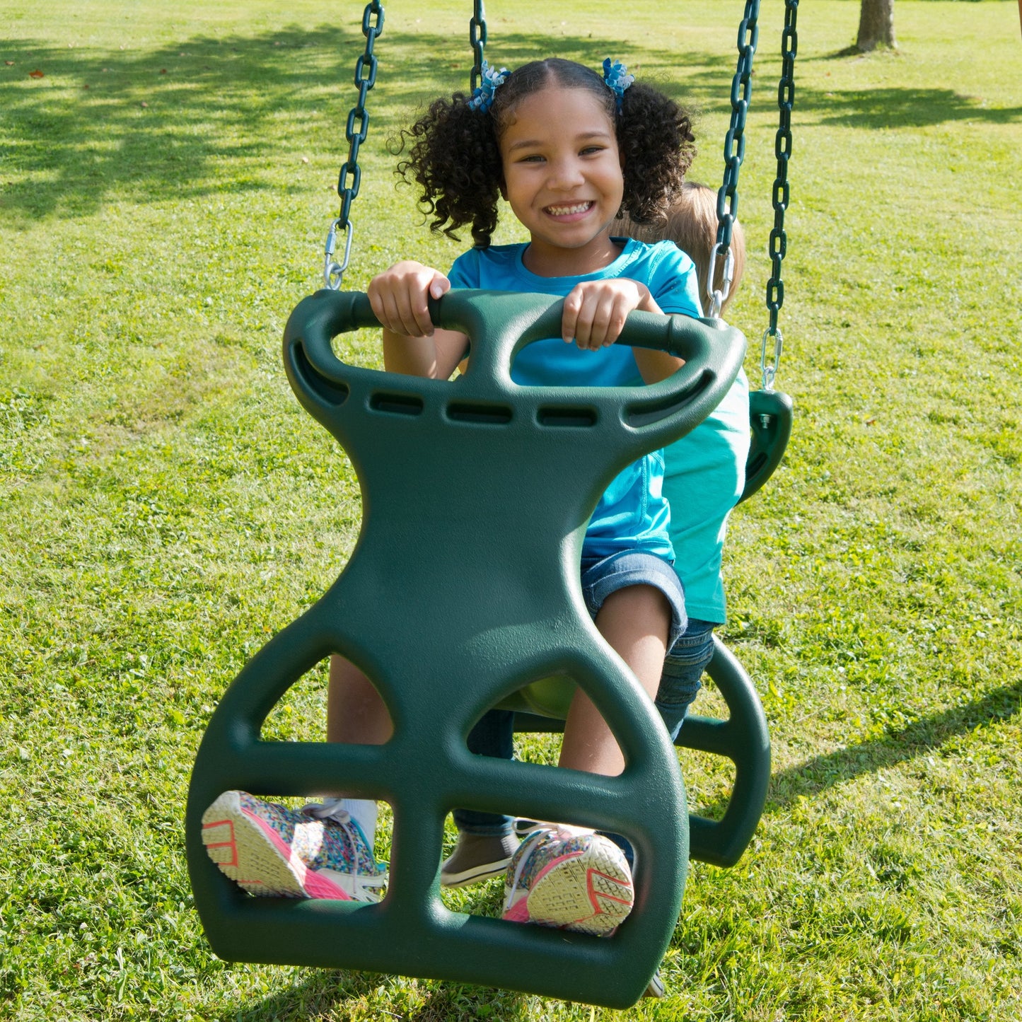 Gorilla Playsets 04-0037-G Dual Ride Glider Back-to-Back Tandem Swing, Green, Green Plastic Coated Chains, Multi-Child Swing