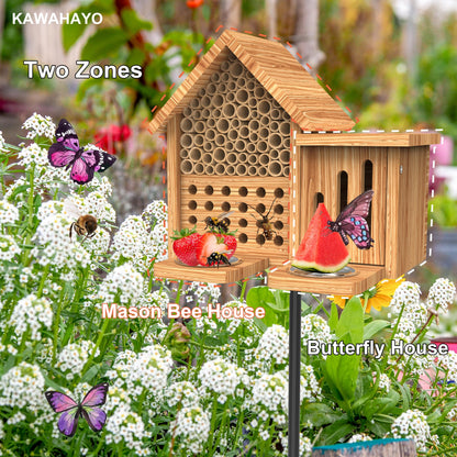 Mason Bee House Wooden Butterfly House with Feeders and Metal Stake, Insect Hotel for Garden Backyard, Natural Handmade Waterproof Bugs House, Attracts Bee, Butterfly, Ladybirds Pollinators