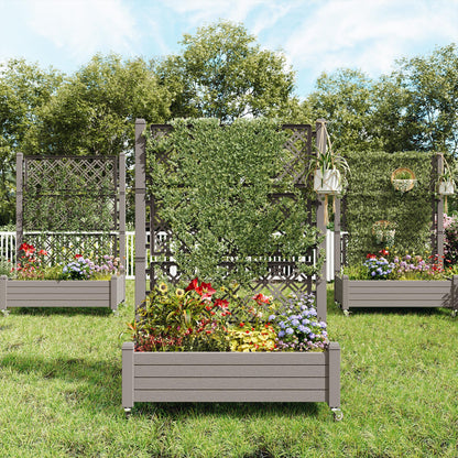 Fancyango Raised Garden Bed with Trellis and Wheels, Resin Planter Box with Trellis with Drainage Holes & Water Monitor, Privacy Planters for Patio for Climbing Plants, Gray(1 Pack)