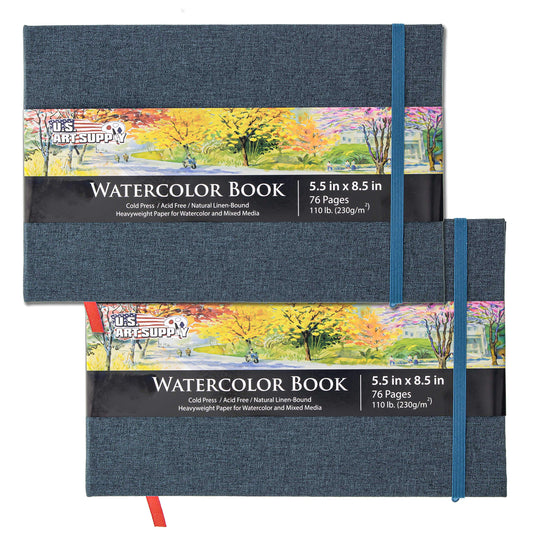 U.S. Art Supply 5.5" x 8.5" Watercolor Book (2 Pack, 76 Sheets Each) - 110lb (230 GSM) Linen-Bound Hardcover Artist Paper Pads - Acid-Free Cold-Pressed Watercolor Paper Pad Mixed Media