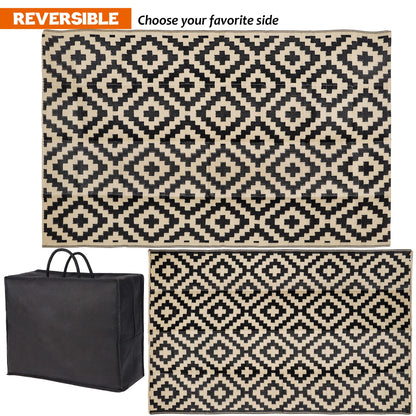 SAND MINE Waterproof Outdoor Rug 5x8 ft, Plastic Reversible Rug, Modern Area Rug, Large Floor Mat for Outdoors, RV, Patio, Backyard, Deck, Picnic, Beach, Camping, Black & Beige