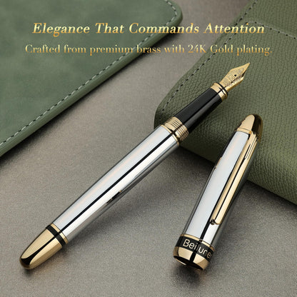 BEILUNER 315 Silver Chrome Fountain Pen,Stunning Luxury Pens with 24K Gold Accents, Gorgeous 24K Gilded Nib(Medium), Ink Converter,Fancy Pen Gift for Men&Women-Elegant, Office, Reliable, Nice Design