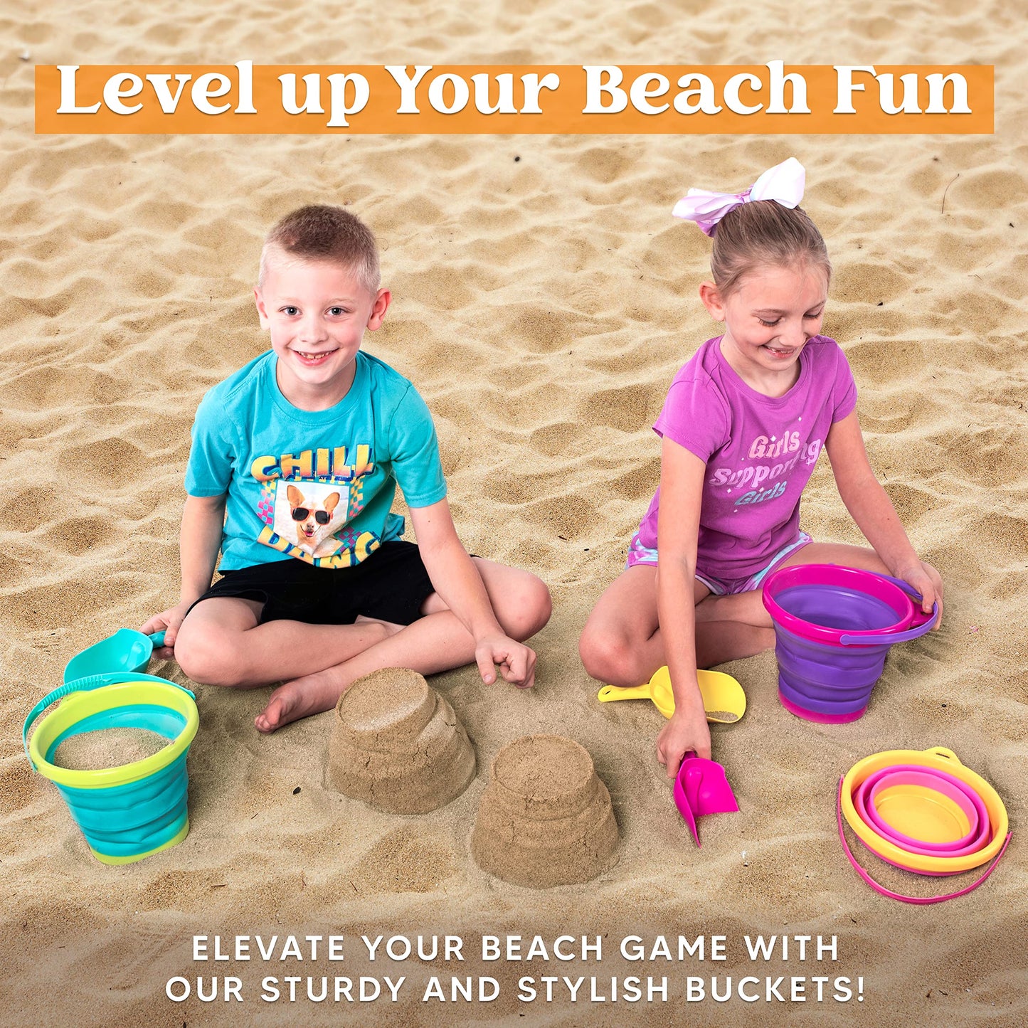 JOYIN Foldable Beach Bucket Set - 3 Packs Collapsible Toy Buckets with Shovels and Mesh Backpack for Kids Toddlers Party, Camping Gear, Travelling, Fishing Water Pail (Pink/Purple/Green)