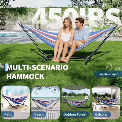 Double Hammocks with Stand for Outside, Portable Space Saving Heavy-Duty Steel Stand for Indoor Outdoor Patio with Carrying Bag, 450 lbs Capacity