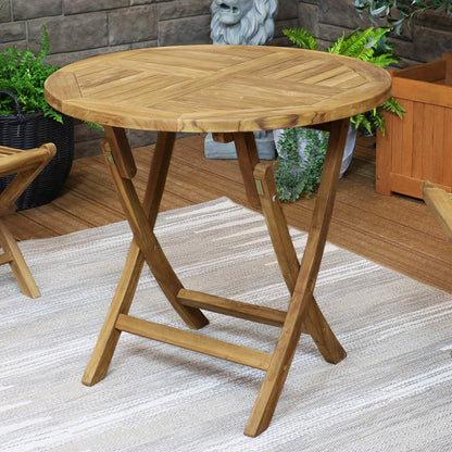 Sunnydaze Round Folding Solid Teak Outdoor Dining Table - Light Wood Stain Finish - 31 Inches