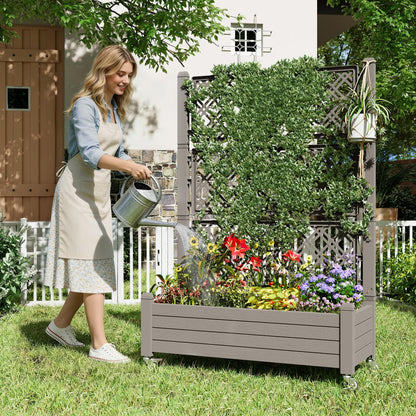 Fancyango Raised Garden Bed with Trellis and Wheels, Resin Planter Box with Trellis with Drainage Holes & Water Monitor, Privacy Planters for Patio for Climbing Plants, Gray(1 Pack)