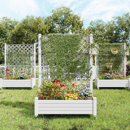 Fancyango Raised Garden Bed with Trellis and Wheels, Resin Planter Box with Trellis with Drainage Holes & Water Monitor, Privacy Planters for Patio for Climbing Plants, Ashen(2 Pack)